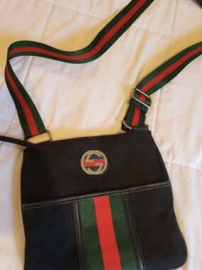 Black Crossbody Bag with Red & Green Stripe